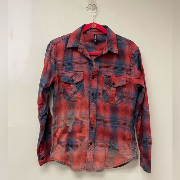 RVCA Tops - RVCA Bleached Red Chameleon Pokémon Pokeball Flannel Handmade Mens S